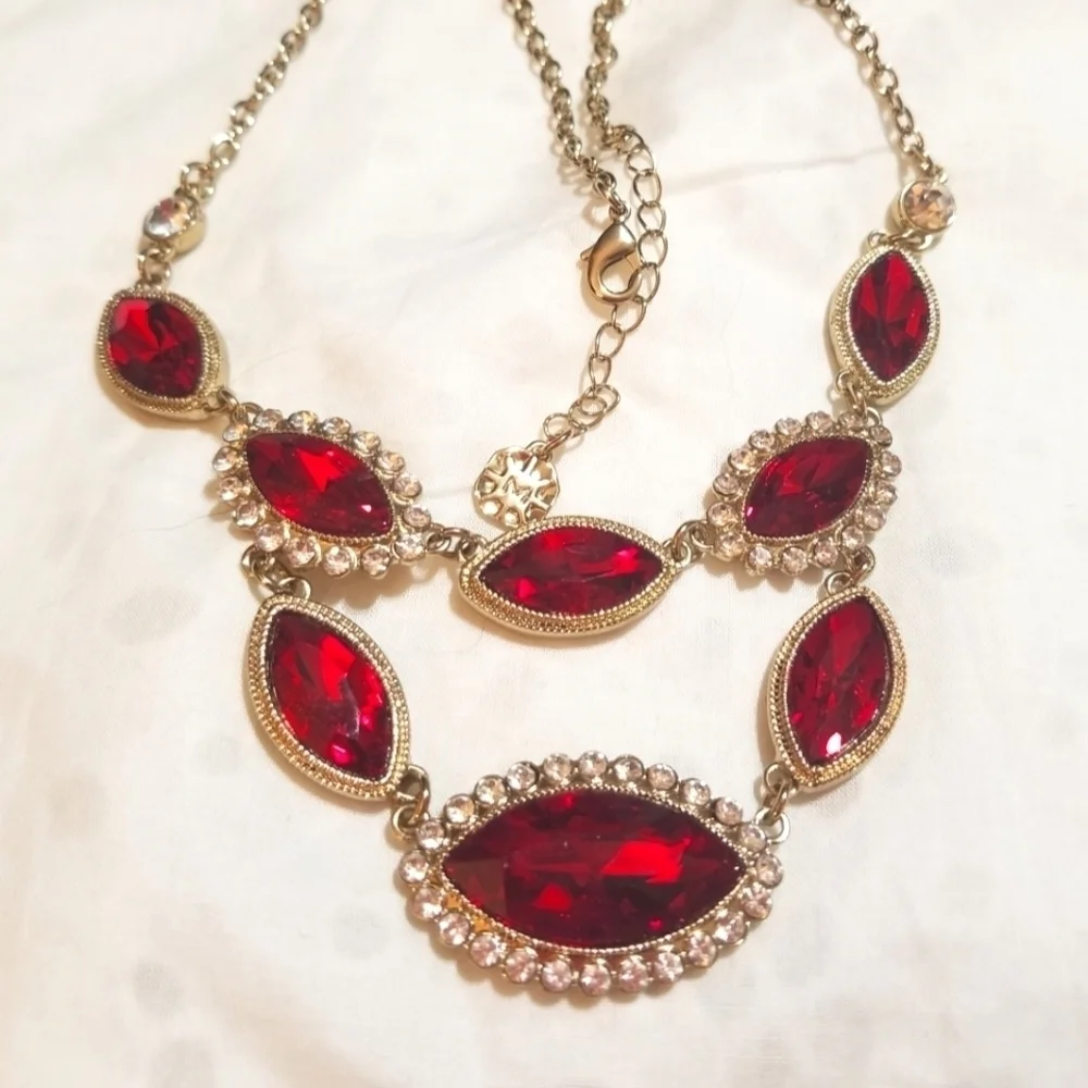 VTG Designer signed Monet Red White Crystal Necklace